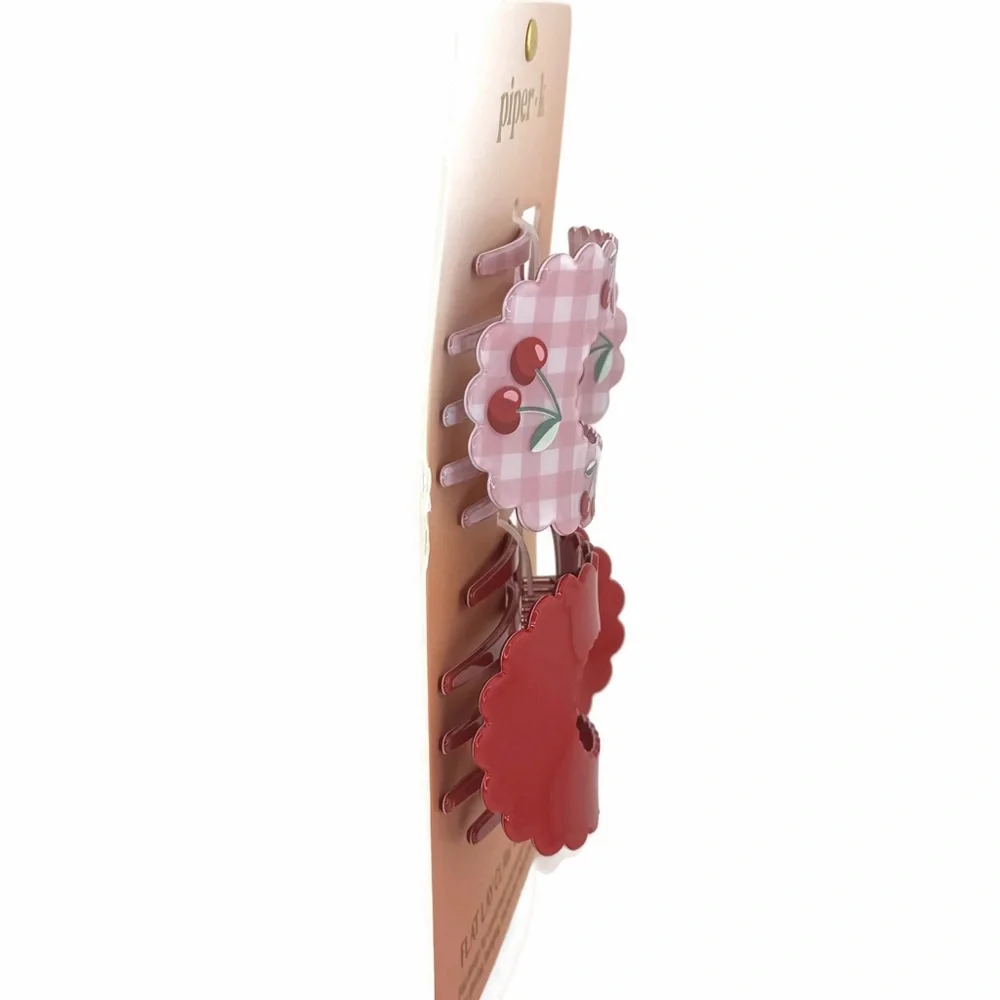 Piper K Cherries Flat Lay Hair Claw Clips Set of 2 Red Pink
